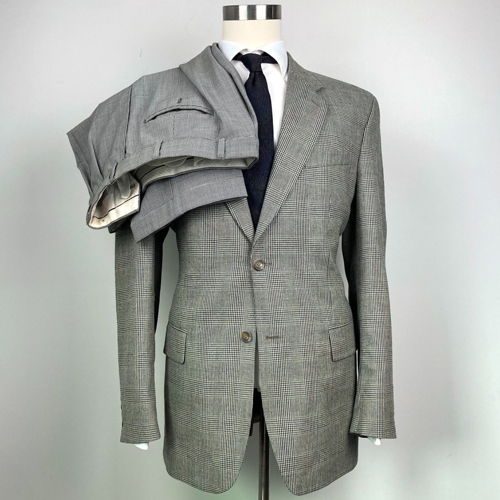 Ralph Lauren Men Wool Silk Gray Plaid 2-pc Suit‎ 42L Mismatched Pants 36x31 Cuff